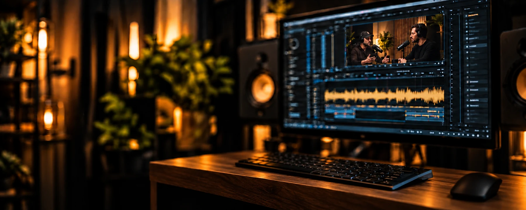 A podcast microphone and editing workstation in a warmly lit studio