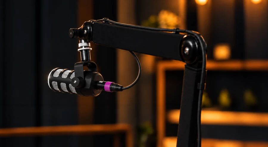 A podcast microphone in a warmly lit recording studio