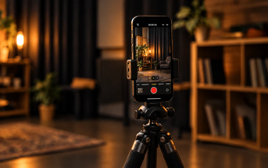 A phone filming in a warmly lit studio
